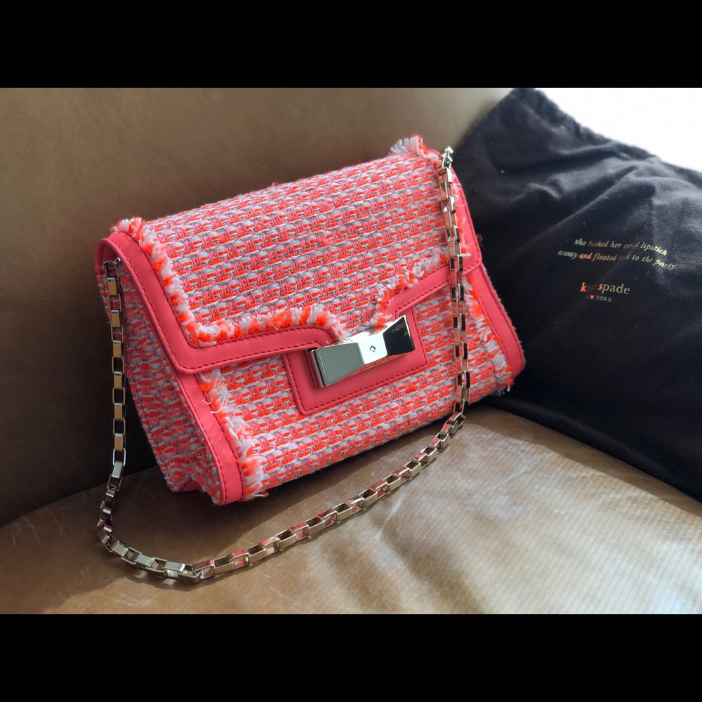 Kate Spade Coral Tweed Purse With Gold Chain NWOT